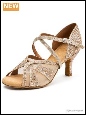 Rhinestone Mesh Latin Salsa Dance Shoes Suede Sole 3 Inch Heel